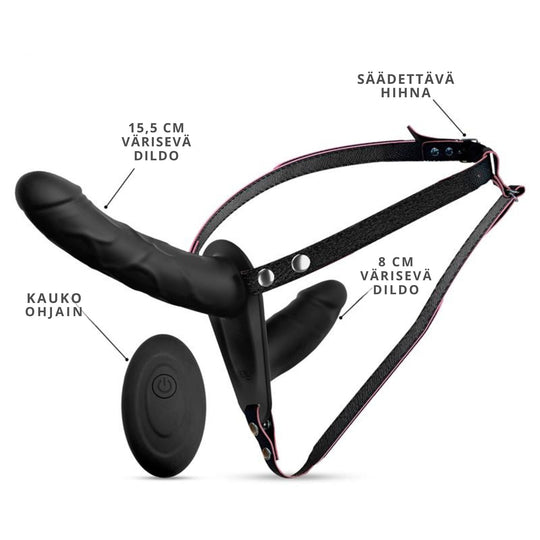 Strap-on värisevällä tupladildolla ja kaukosäätimellä
